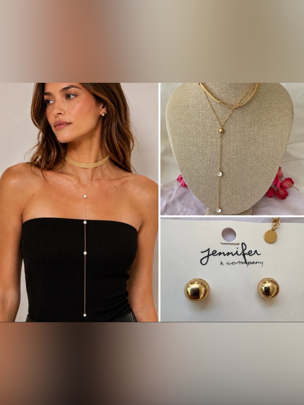 Jennifer & Co Goldtone Choker Lariat 2 PC Bling Necklace & Stud Ball Earring SET
